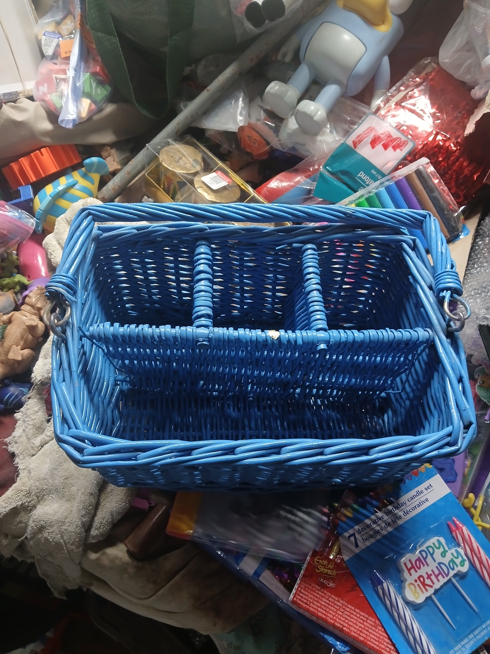 light blue woven 4-compartment wicker utensil caddy vertical Handle 13"x9"x6.5"